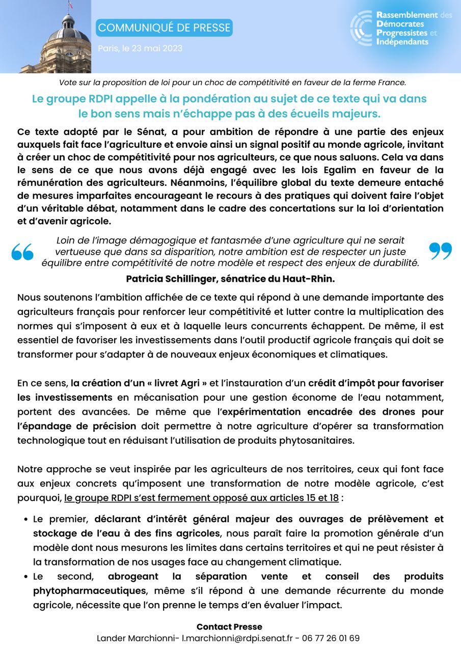 Communiqué • Vote sur la proposition de loi pour un choc de compétitivité en faveur de la ferme France