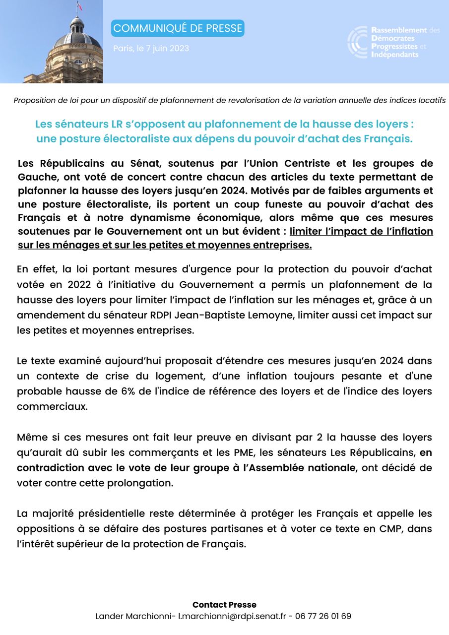 Communiqué • Rejet par le Sénat du texte de la majorité présidentielle pour plafonner la hausse des loyers